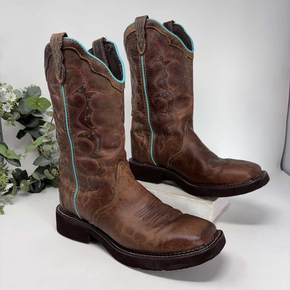Justin Raya Gypsy Women Size 8.5B Brown Western Boots Turquoise L2900 Cowgirl